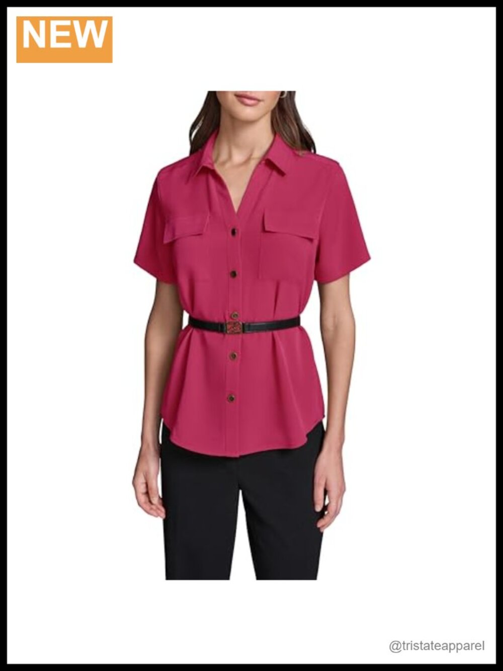 Karl Lagerfeld Short Sleeve Silky Blouse with Leather Belt Collared Neck